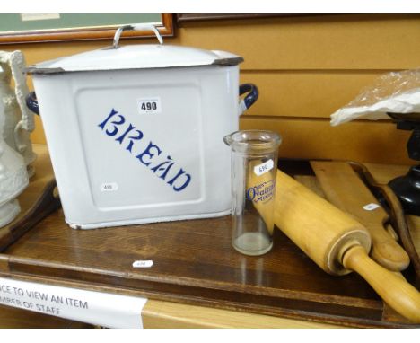 Enamel bread bin &amp; cover, wooden tray, rolling pin, butter pats &amp; mixer tube Condition Report: please request via ema