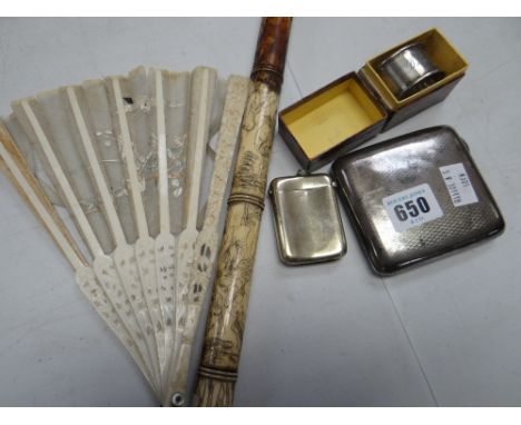 A silver cigarette case, a boxed silver napkin ring, an ivory bamboo effect carved opium pipe ETC Condition Report: please re