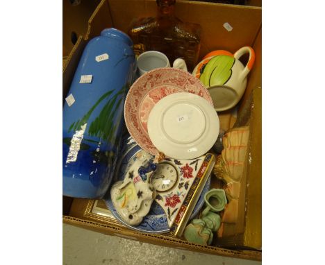 A box of pottery &amp; glassware including Royal Worcester clock, blue &amp; white transfer plates ETC Condition Report: plea