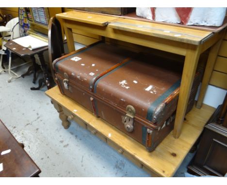 A duo vintage school desk, a pine Long John coffee table with drawers &amp; a vintage cabin trunk Condition Report: please re