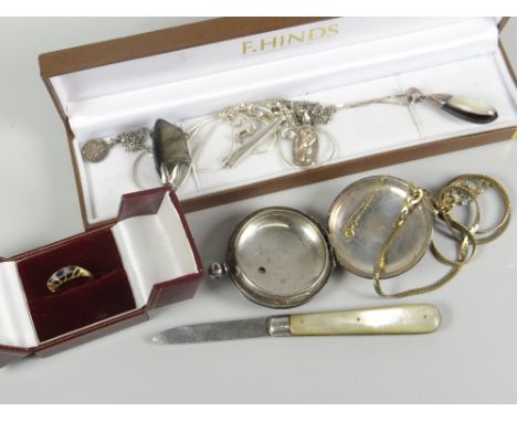 A parcel of jewellery including 18ct gypsy ring, an antique silver full hunter pocket watch, mother of pearl &amp; silver fru