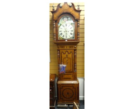 A good nineteenth century marquetry encased eight-day longcase clock with unusual marquetry with hens and flowers and having 