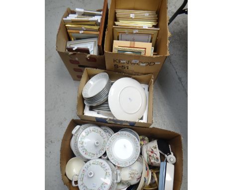 Two boxes of framed pictures, a quantity of modern furnishing prints &amp; a quantity of mixed modern tableware including Roy
