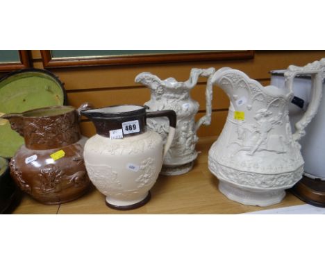 Group of four assorted jugs to include Ridgeway &amp; Son hunting jug, Victorian relief figural jug, stoneware jug &amp; anot