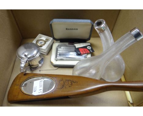 A silver rimmed glass oil duo-bottle, a silver mustard pot, an olive wood fan &amp; mirror combination, miniature compass fob