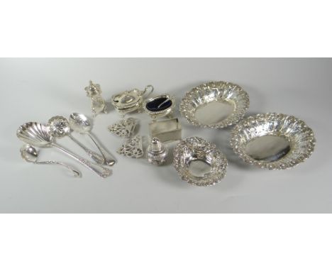 Parcel of silver including silver pierce work basket, two silver spoons, two silver ladles, a machine turned rectangular silv