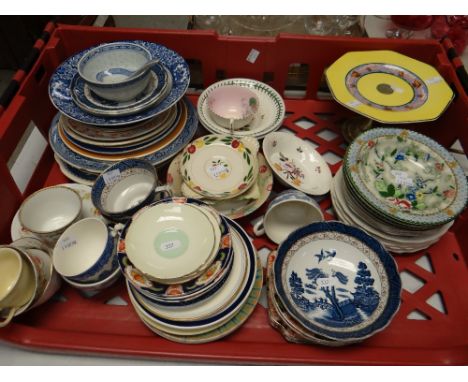 Tray of assorted china to include blue &amp; white willow pattern cake dish, cups &amp; saucers ETC