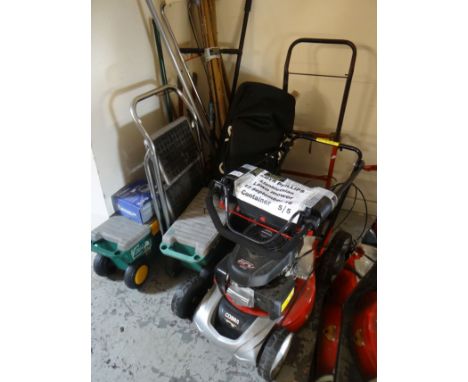 A Cobra overhead cam GCV 140 lawn mower together with further tools, step ladder, storage boxes ETC
