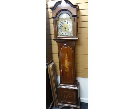 An Edwardian inlaid mahogany brass dial eight-day longcase clock with silvered chapter ring &amp; Arabic numerals, 203cms hig