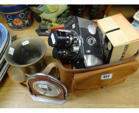 A Yashica T3 camera, a brass mortar &amp; a novelty equestrian stirrup suspended desk-barometer Condition Report: please requ