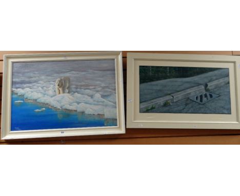 GRAHAM CLARKE oil on board - a solitary polar bear hunting for fish &amp; another painting by the same artist, curiously feat