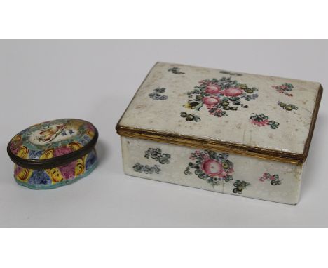 Small 18th century oval enamel patch box of lobed oval form, the hinged lid with floral panel surrounded by decorative polych