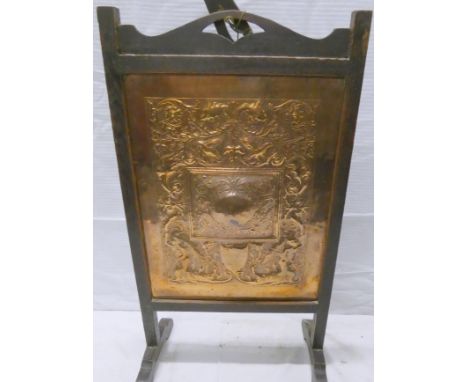 Arts &amp; Crafts firescreen, attributed to W.H. Mawson of Keswick, the copper panel with central repousse foliate scroll car
