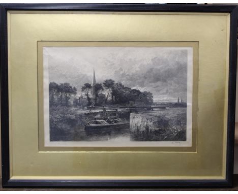 Victorian monochrome engraving of a canal lock after an original by B. W. Leader, 37cm x 55cm and another, riverscape with ba