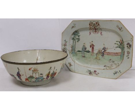 18th century Chinese porcelain punch bowl of circular footed form, the exterior with polychrome enamel painted panels depicti