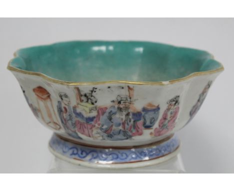 Chinese Qing Dynasty Famille Rose lobed footed bowl, the exterior with continuous panel of figures in various employ, with bl