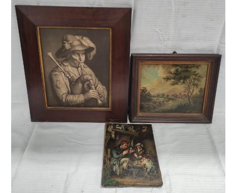 Tyrolean bagpiper, print after an engraving in a broad rosewood frame; also two others.&nbsp; (3).