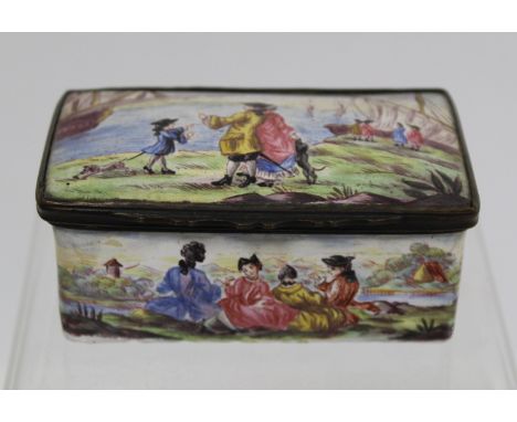 18th century enamel patch box of rectangular form, with polychrome painted decoration depicting ships at anchor and figures o