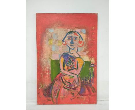 STELLA STEYN. Seated woman, red ground. Oil on canvas. 91cm x 62cm. Dated Jan. (19)50.Condition:Areas of unpainted canvas. Un