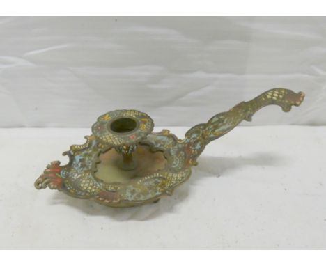 Brass and champleve enamel chamber stick with foliate decoration,&nbsp;24cm wide. 