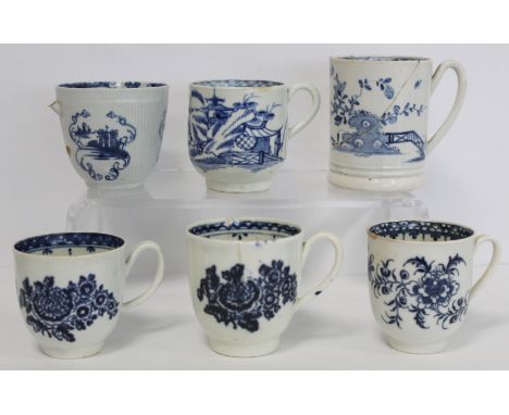 18th century Caughley blue and white floral decorated coffee cup, blue crescent mark, 6.5cm high; four other 18th century blu