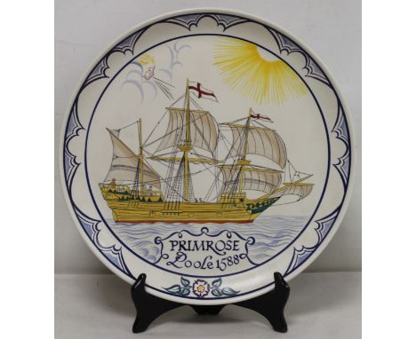 Poole Pottery charger of circular form, the polychrome hand painted decoration commemorating the English Royal Navy Galleon "