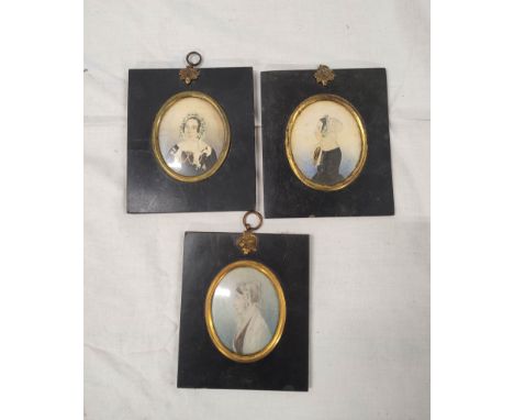 19th century portrait miniature watercolour in an ebonised slip with two other similar portrait miniatures (3) 