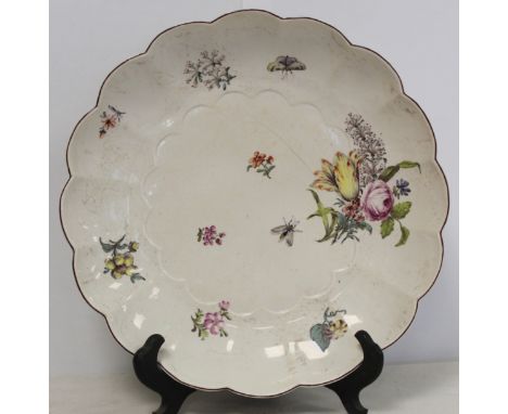 18th century Chelsea porcelain lobed circular shallow dish with painted polychrome enamel floral sprays, sprigs and insects a