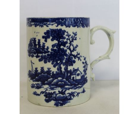 Late 18th century blue and white transfer printed porcelain mug of large cylindrical form with scroll handle, decorated with 