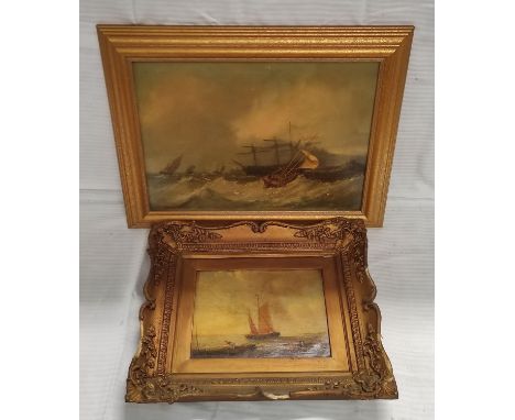 19TH CENTURY SCHOOL. Beached sailing barge. Oil on board. 15cm x 20cm. Also a reproduction print after a 19th century maritim