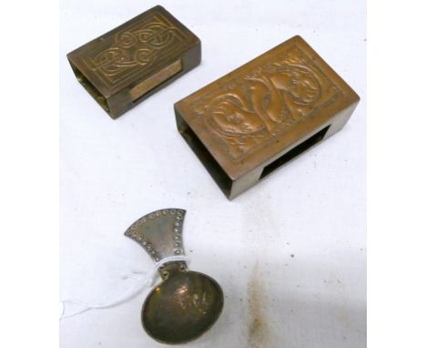 Keswick School of Industrial Arts, Arts & Crafts match box holder with repousse panel depicting two entwined fish, impressed 