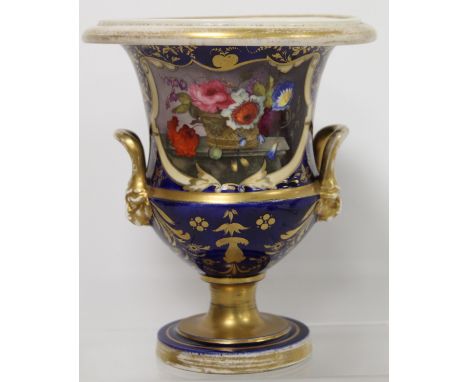 Early 19th century English porcelain vase of campana form with twin lion mask handles, polychrome enamel painted panel depict