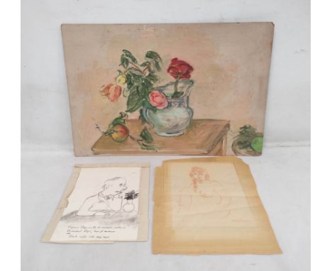 STELLA STEYN. A jug of roses. Oil on board. 41cm x 62cm. Also a red chalk drawing and a comic sketch.&nbsp; (3).