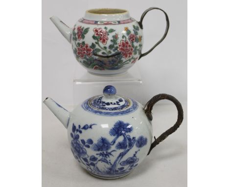 18th century Chinese porcelain blue and white globular teapot with pine tree, rock and peony decoration, replacement cane bou