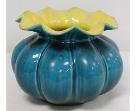 Linthorpe pottery vase of squat lobed globular form with turquoise and yellow glazes, impressed mark and no. 1442, 15.5cm hig