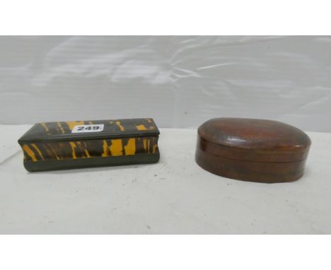 Late 19th century tortoiseshell and papier mache snuff box, with hinged cover, 4cm high x 14cm wide, also an Italian leather 