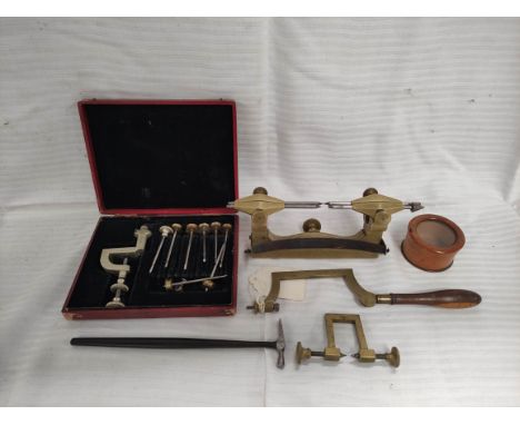 Brass chronometer size 6" depthing tool, a similar piercing saw, a slender watchmaker's hammer, a set of oil sink cutters and