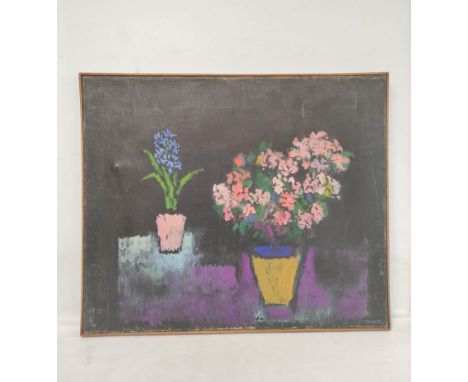 STELLA STEYN. Azalea and hyacinth on a black ground. Oil on canvas. 78cm x 92cm. This the first of 25 lots of works, with an 