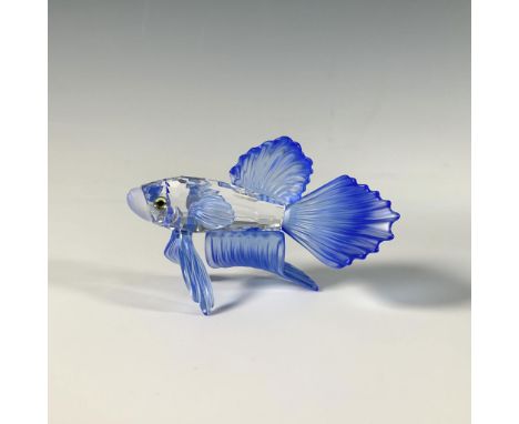 A vibrant blue, clear and frosted crystal fish in motion, with sparkling iridescent eyes. Swarovski acid mark. This item has 