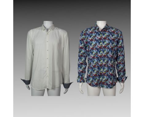 Sizes: XL. This set of shirts offers a versatile blend of styles. The first is a crisp white button-up with subtle textured d