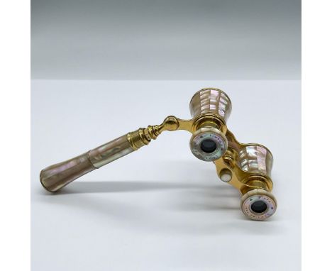 Fabulous pink vintage mother of pearl opera glasses with golden accents along with a travel pouch. Marked Lemarie Fabi. Issue