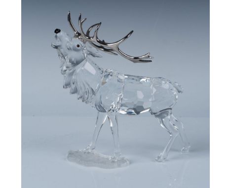 An exquisite cut crystal figure of a bellowing stag with polished metallic horns. Part of the Rare Encounters collection. Swa