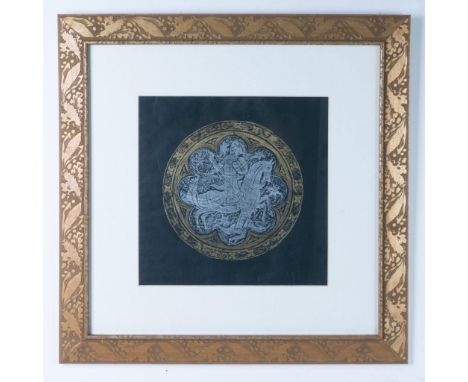 This stunning gold and silver colored etching on black paper is after the brass memorial to Sir Hugh Hastings in a church in 
