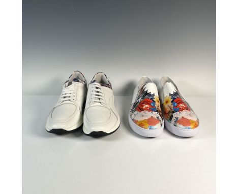 This collection includes two pairs of brand-new shoes with manufacturer's stickers: a white and floral slip-on design, style 