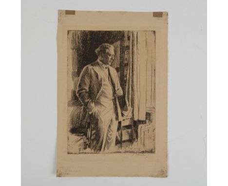 An original etching on wove paper by Otto J. Schneider, depicting American businessman Jacob M. Loeb looking out a window wit