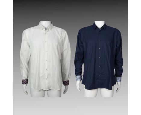 Sizes: XL. This duo of shirts includes a classic white button-up with subtle textured stripes and a contrasting plaid detail 
