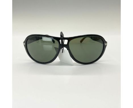 Black acetate frames with silver accents at the temple. Frame size: 59/14/135. Solid dark grey lenses. The item includes orig
