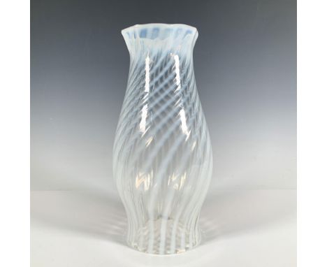 A glass lamp shade with a rounded center that narrows at the top, featuring a white spiral design throughout. Dimensions: 9.5