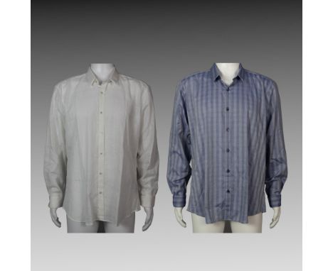 This selection of shirts features versatile and stylish options. The first is a light blue striped button-up, offering a time