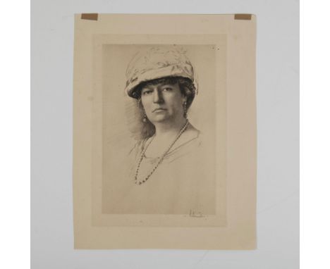 An original etching on Rives paper by Otto J. Schneider, depicting the portrait of a woman wearing a pearl necklace, long ear